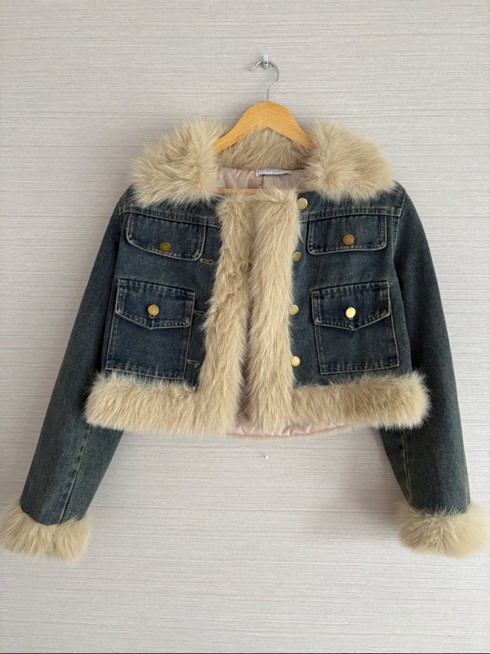 NWT RIHOAS Dark Blue Denim Jacket with Beige Faux Fur Trim